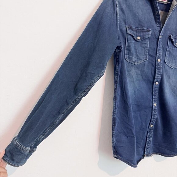 Jack & Jones Long Sleeve Snap Chambray Blue Shirt Mens Size Small - Picture 3 of 11